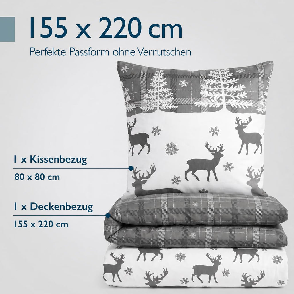 Beautissu Biber Bettwäsche 2tlg Winter Rentiermotiv 100% Baumwolle