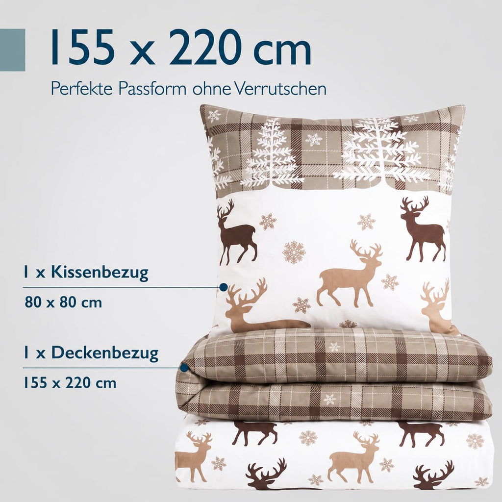 Beautissu Biber Bettwäsche 2tlg Winter Rentiermotiv 100% Baumwolle