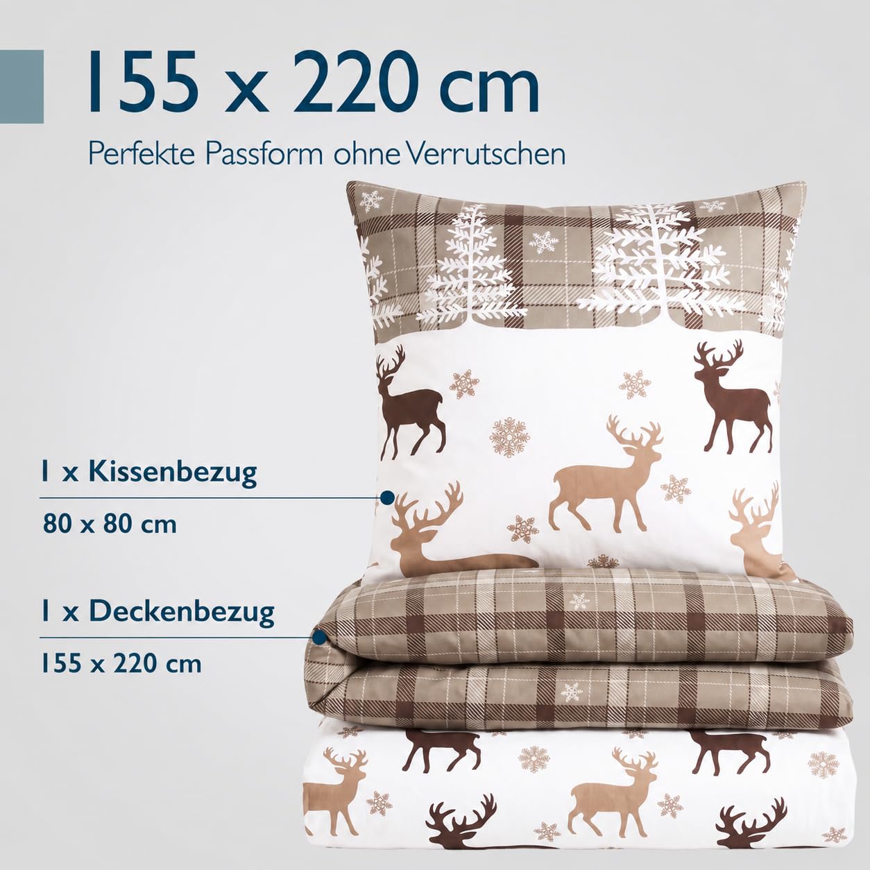 Beautissu Biber Bettwäsche 2tlg Winter Rentiermotiv 100% Baumwolle
