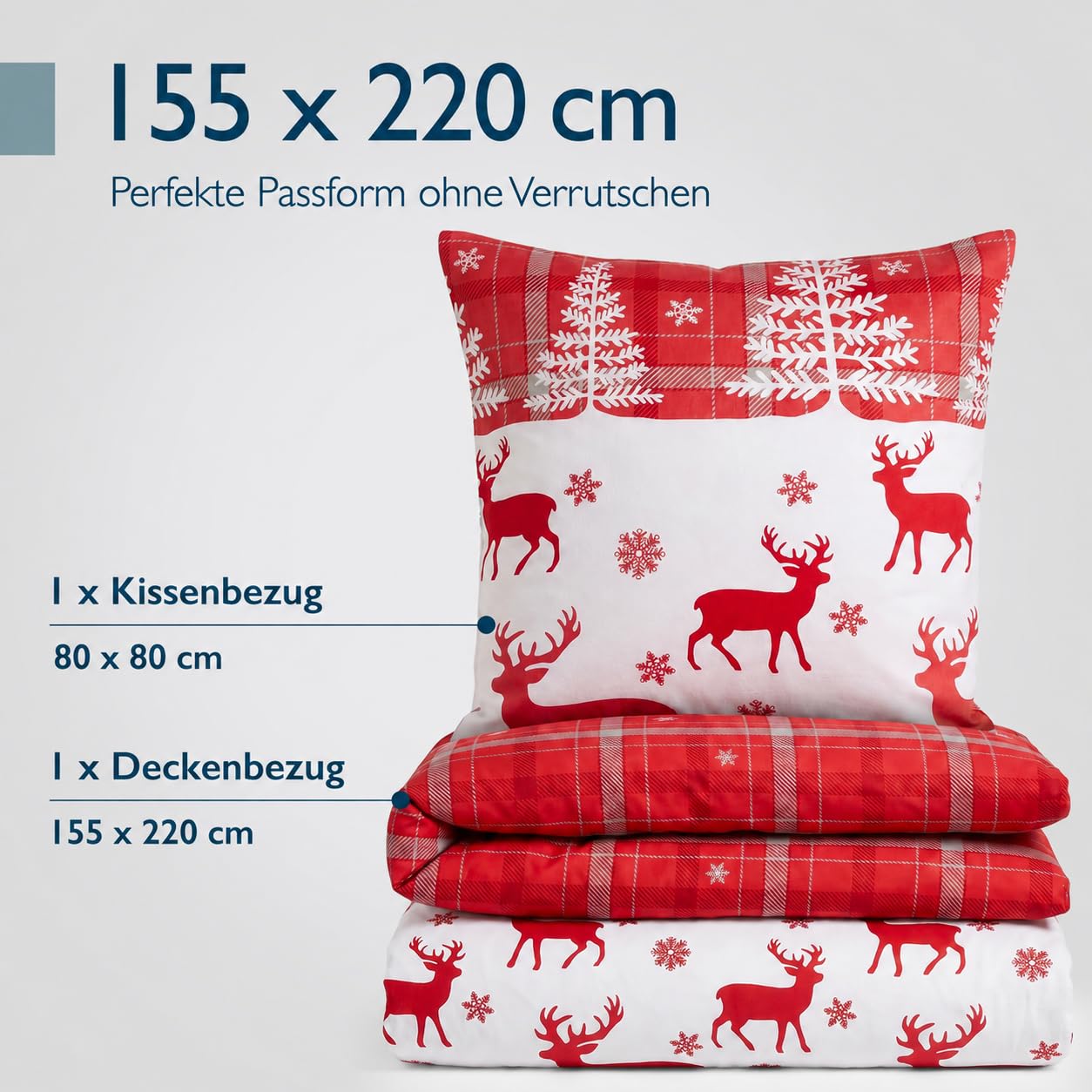 Beautissu Biber Bettwäsche 2tlg Winter Rentiermotiv 100% Baumwolle