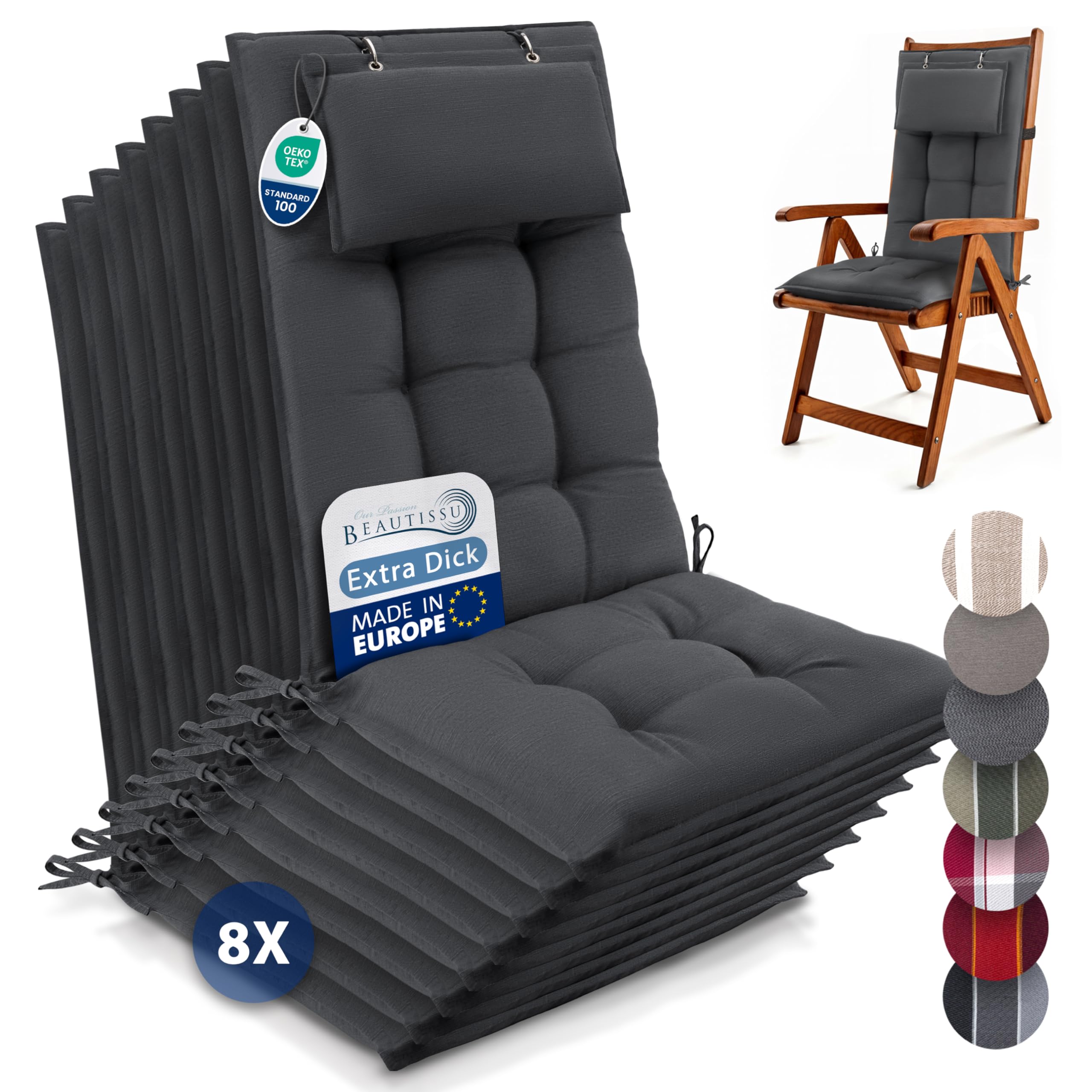 Beautissu 6er Set Premium Hochlehner Auflage Kopfpolster 120x50cm Sun-HL