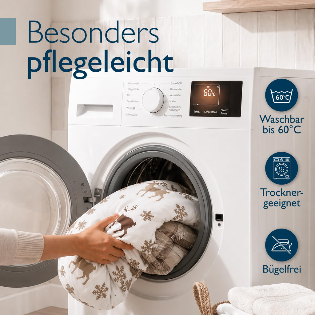 Beautissu Biber Bettwäsche 2tlg Winter Rentiermotiv 100% Baumwolle