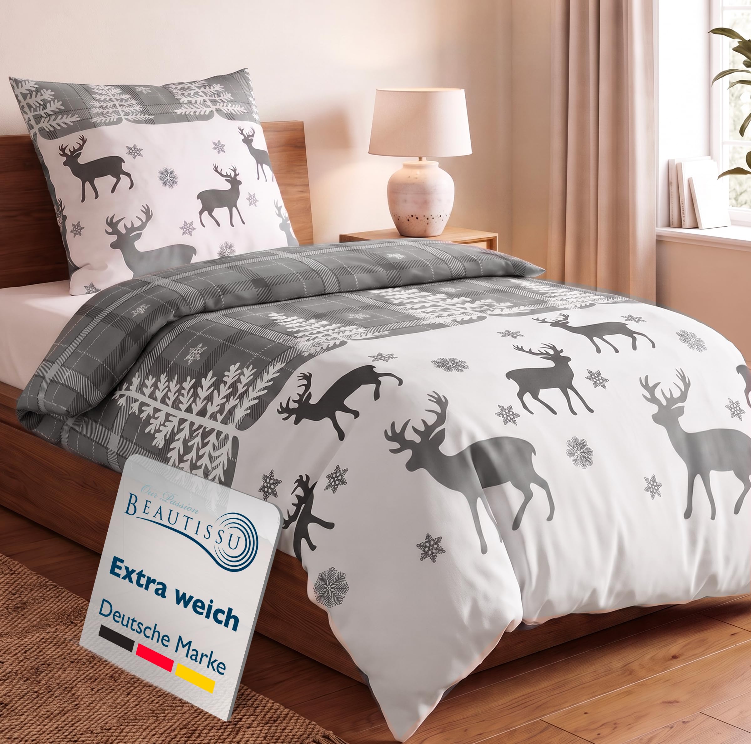 Beautissu Biber Bettwäsche 2tlg Winter Rentiermotiv 100% Baumwolle