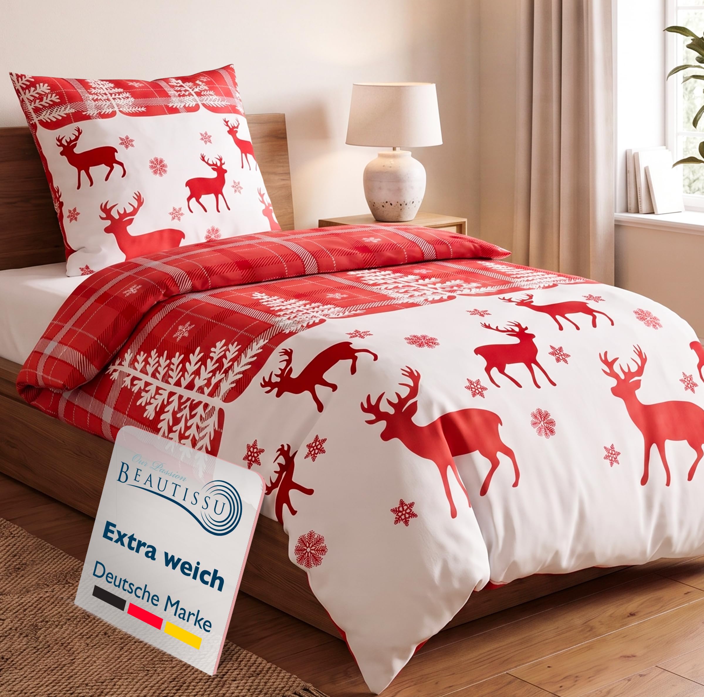 Beautissu Biber Bettwäsche 2tlg Winter Rentiermotiv 100% Baumwolle
