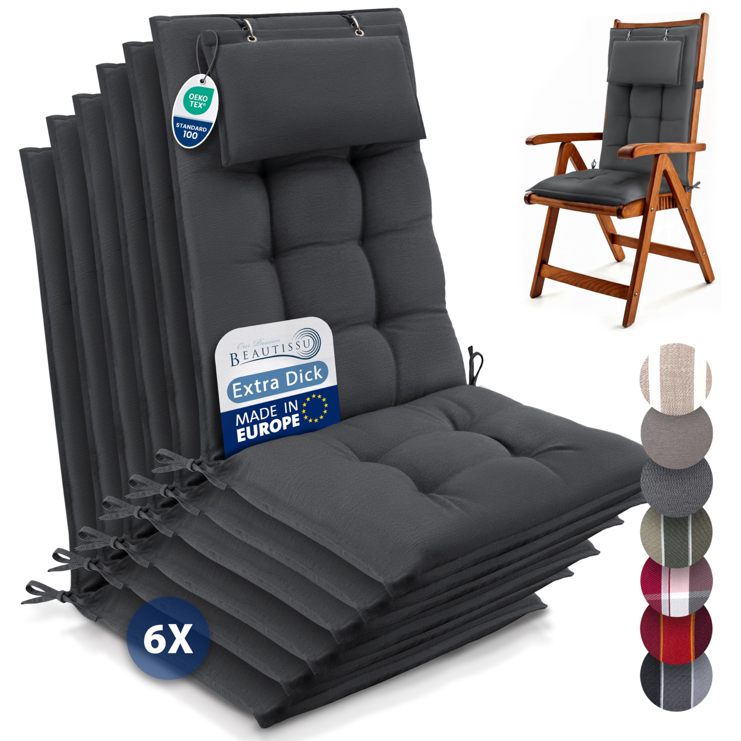 Beautissu 6er Set Premium Hochlehner Auflage Kopfpolster 120x50cm Sun-HL