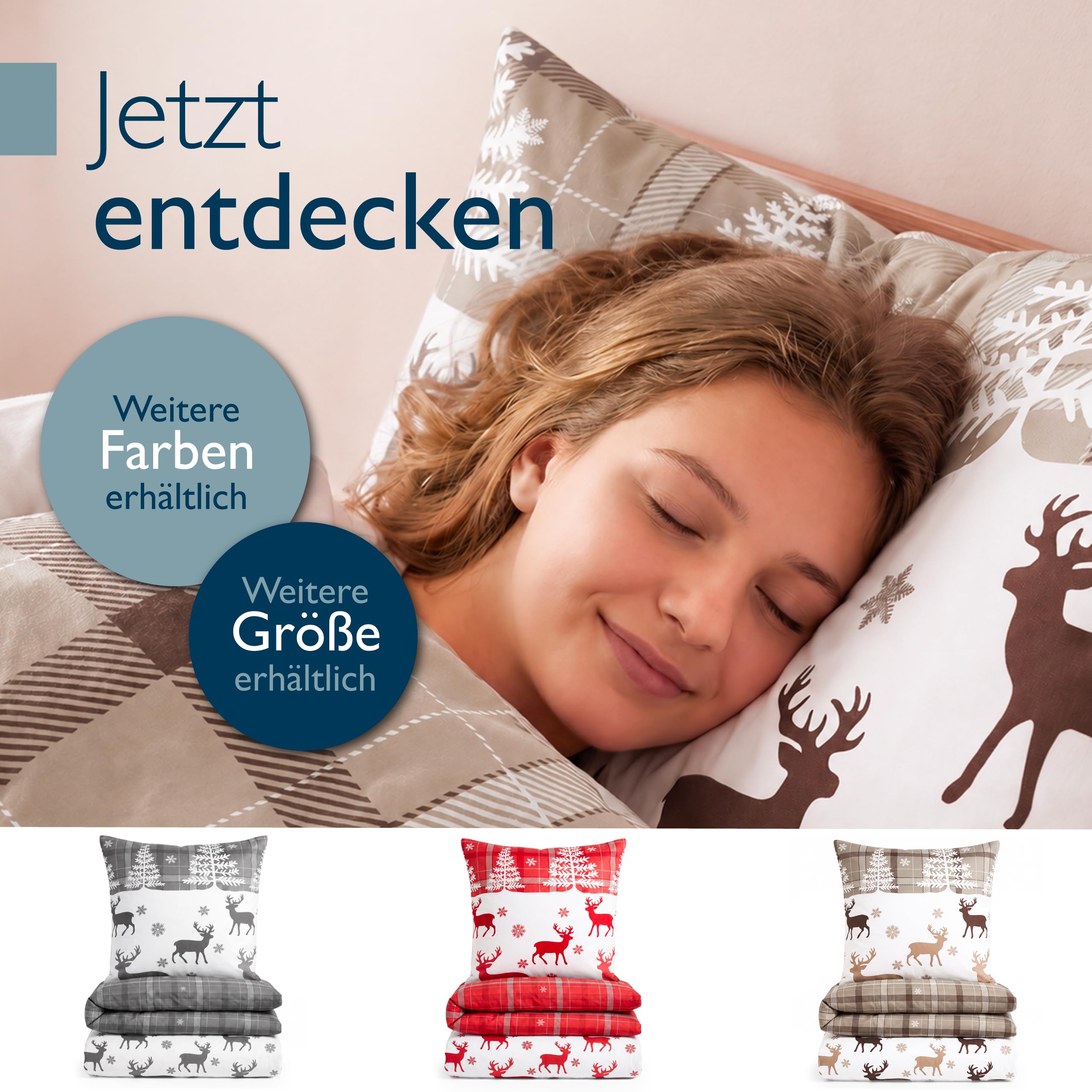 Beautissu Biber Bettwäsche 2tlg Winter Rentiermotiv 100% Baumwolle