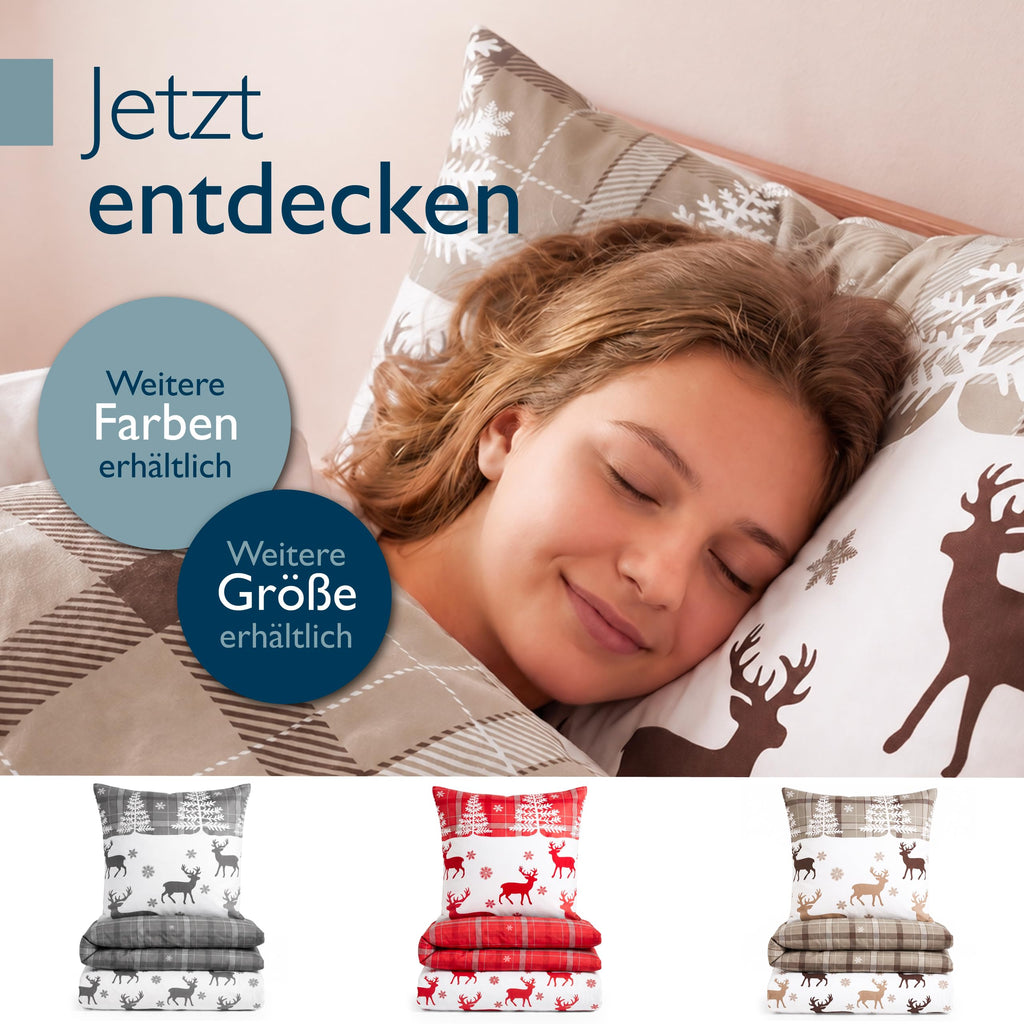 Beautissu Biber Bettwäsche 2tlg Winter Rentiermotiv 100% Baumwolle