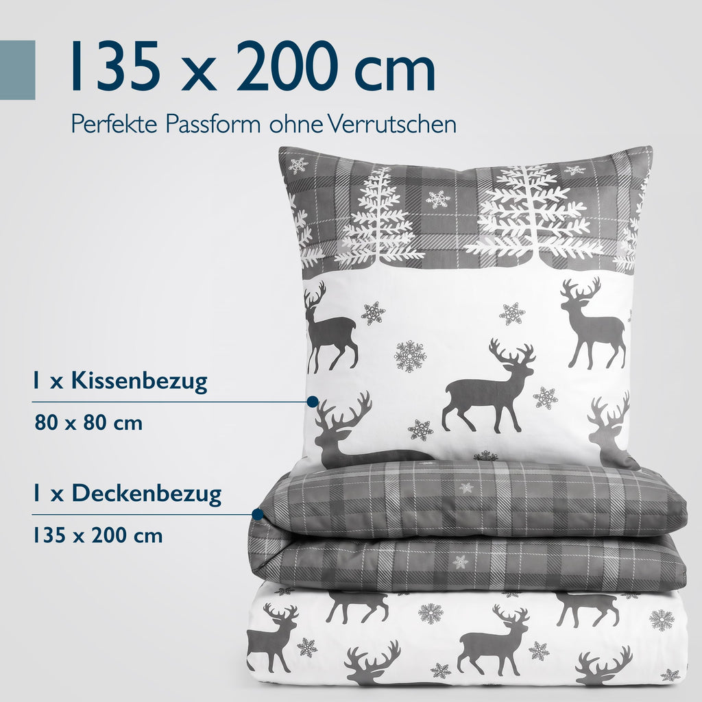 Beautissu Biber Bettwäsche 2tlg Winter Rentiermotiv 100% Baumwolle