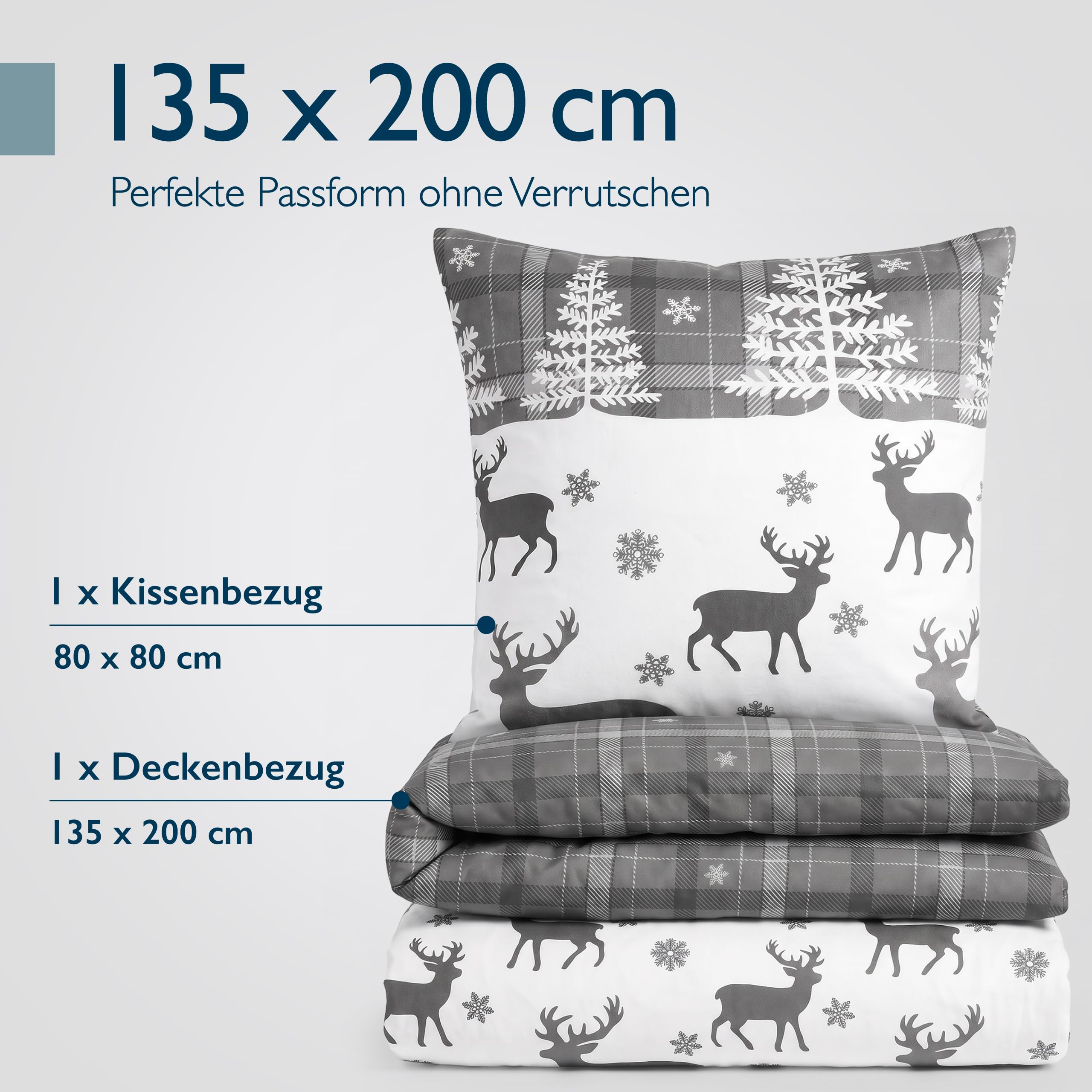 Beautissu Biber Bettwäsche 2tlg Winter Rentiermotiv 100% Baumwolle