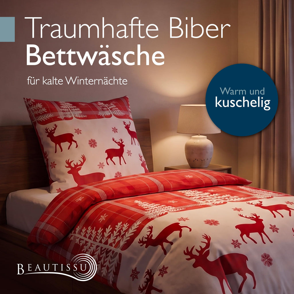 Beautissu Biber Bettwäsche 2tlg Winter Rentiermotiv 100% Baumwolle