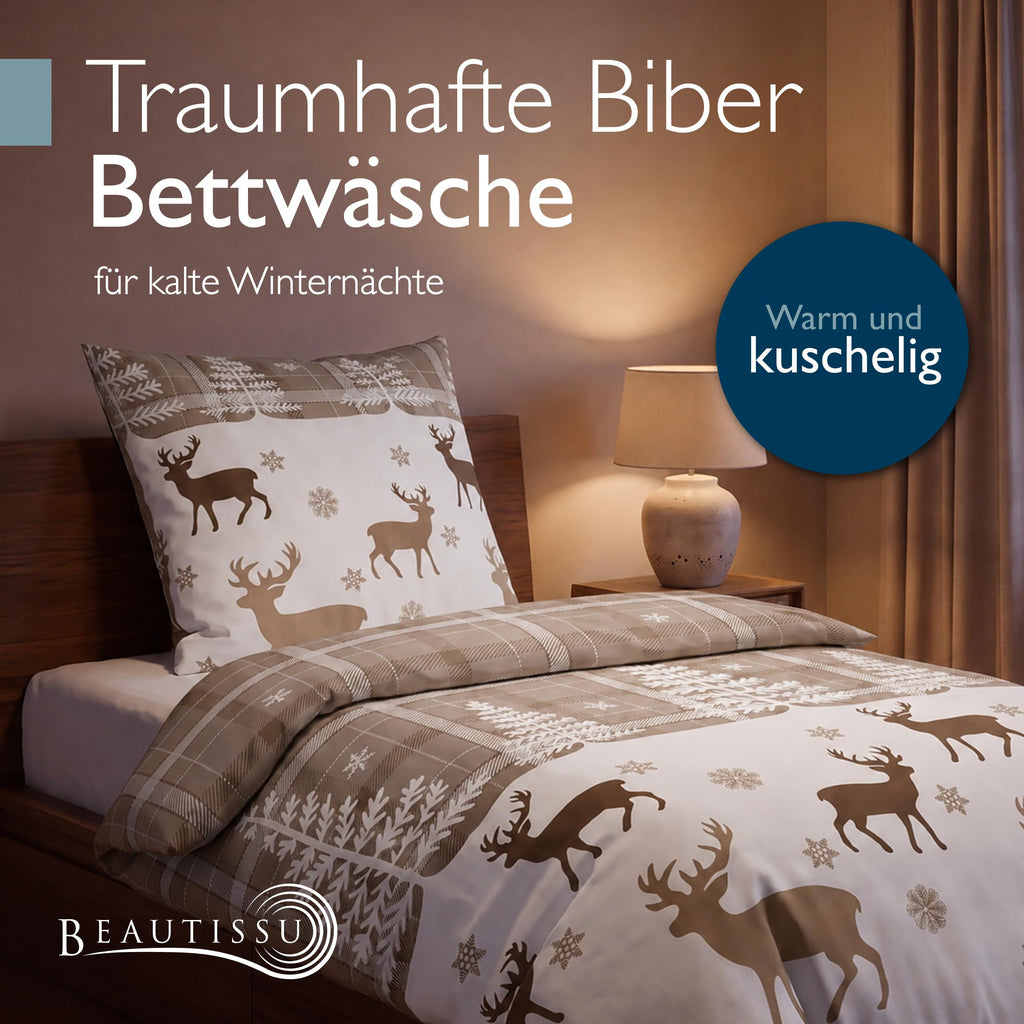 Beautissu Biber Bettwäsche 2tlg Winter Rentiermotiv 100% Baumwolle