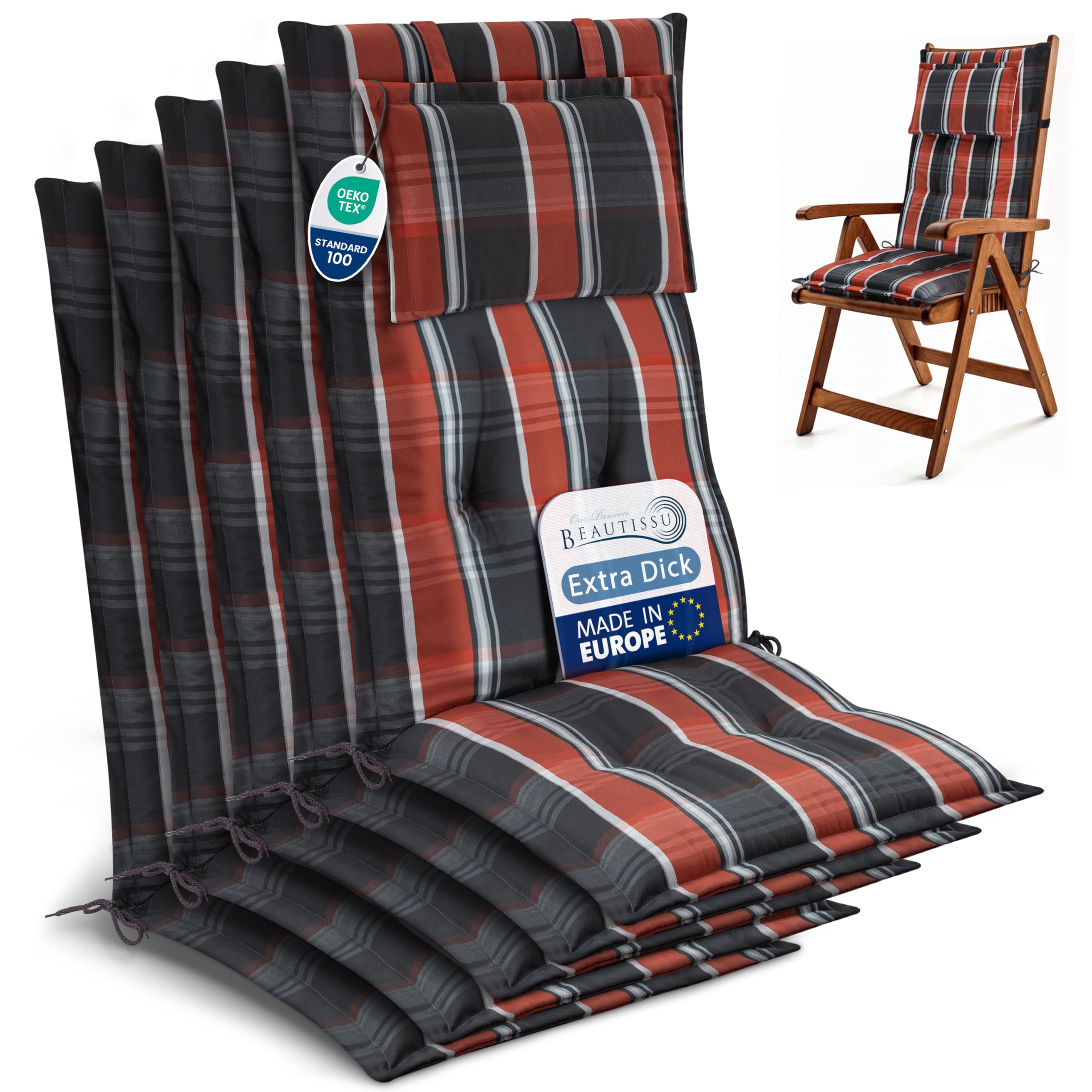 Beautissu Premium Gartenstuhlauflage Hochlehner Set