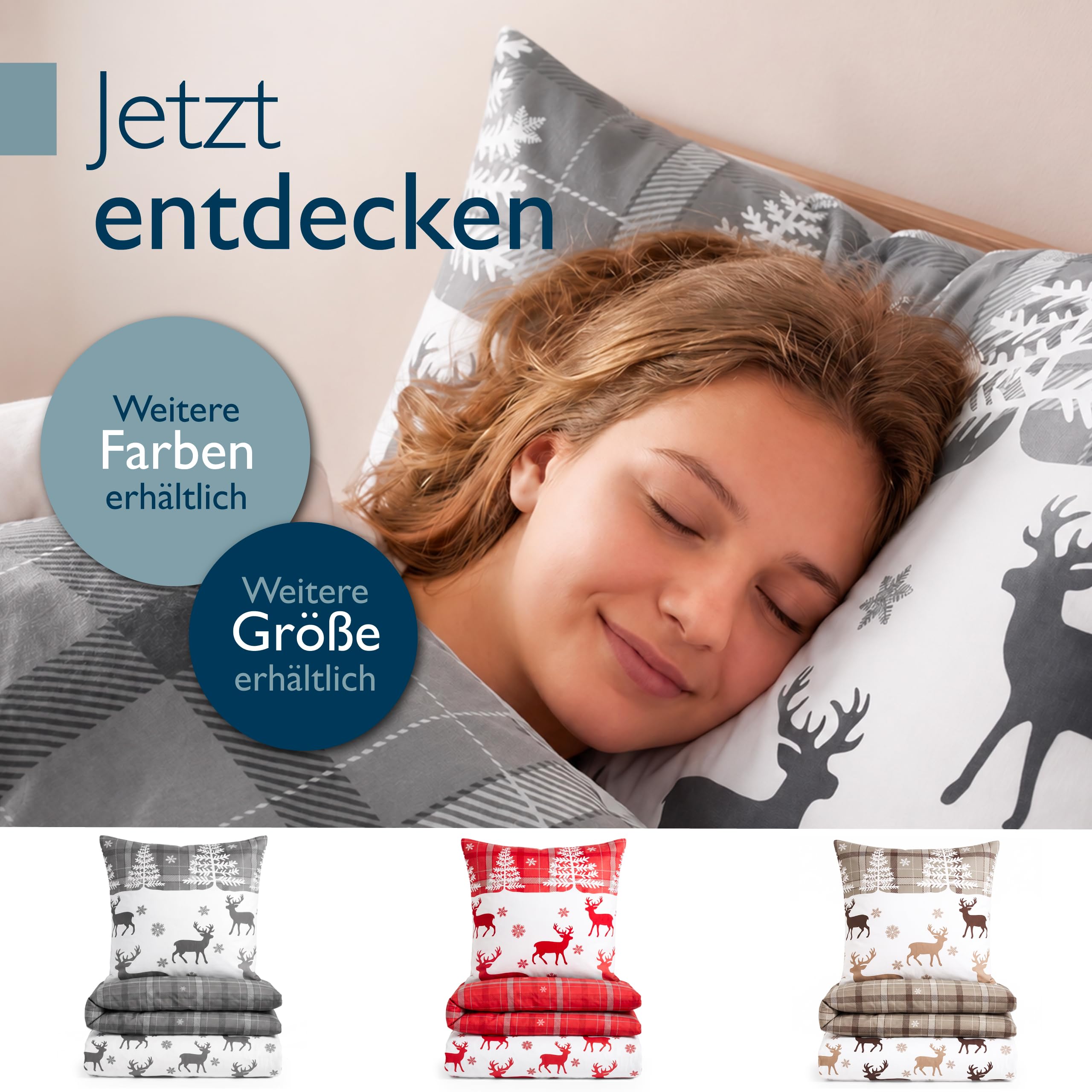 Beautissu Biber Bettwäsche 2tlg Winter Rentiermotiv 100% Baumwolle