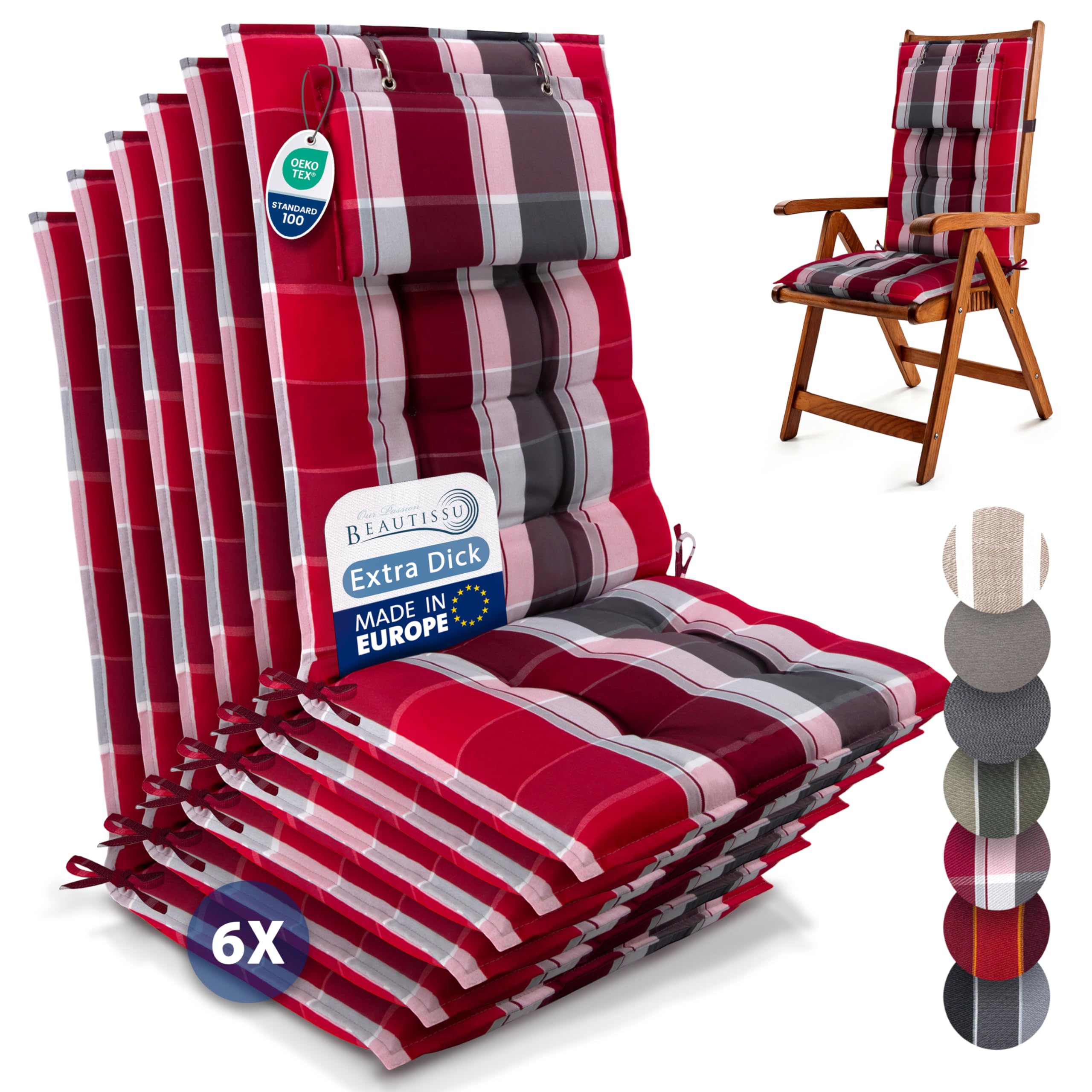 Beautissu 6er Set Premium Hochlehner Auflage Kopfpolster 120x50cm Sun-HL