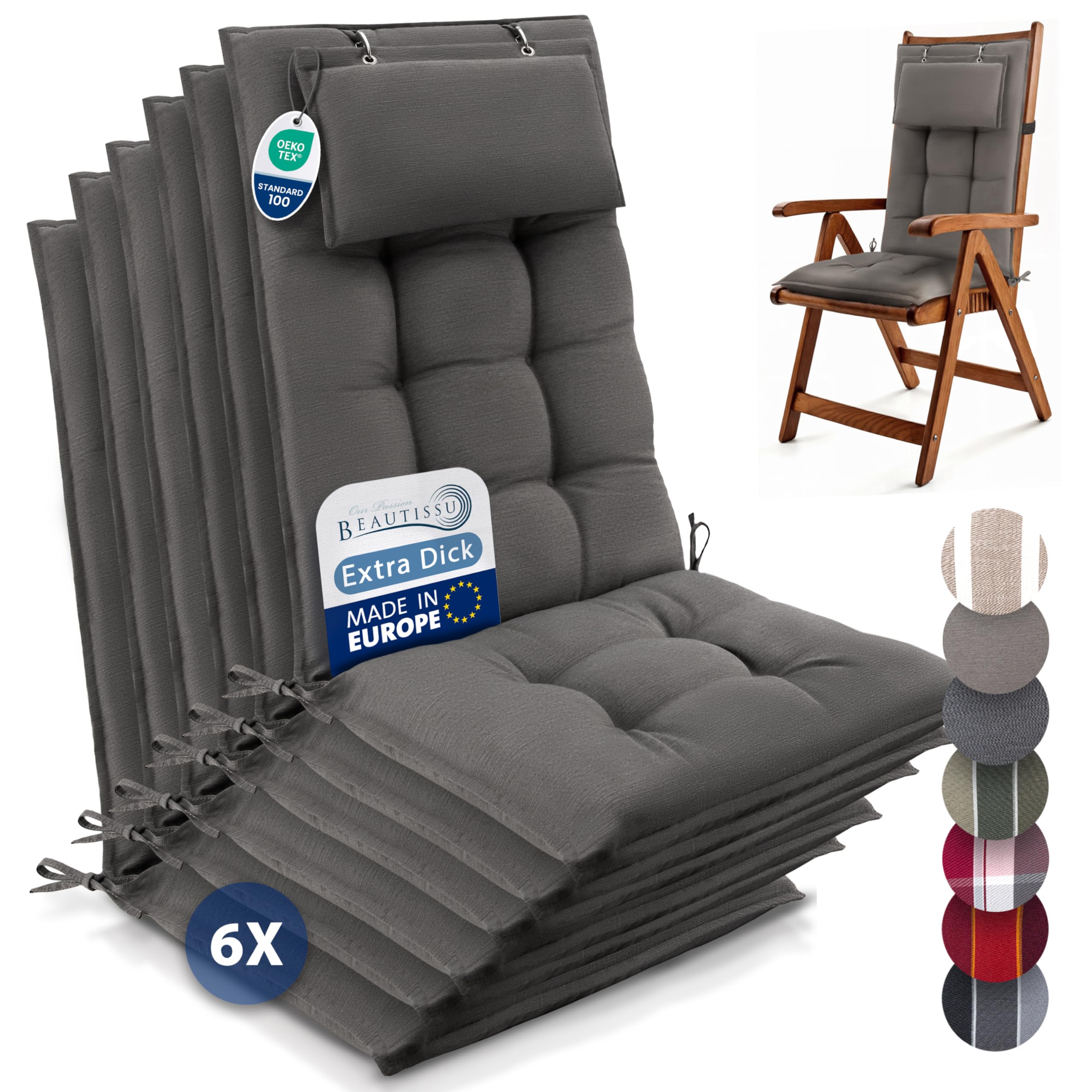 Beautissu 6er Set Premium Hochlehner Auflage Kopfpolster 120x50cm Sun-HL