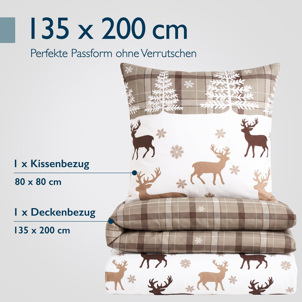 Beautissu Biber Bettwäsche 2tlg Winter Rentiermotiv 100% Baumwolle