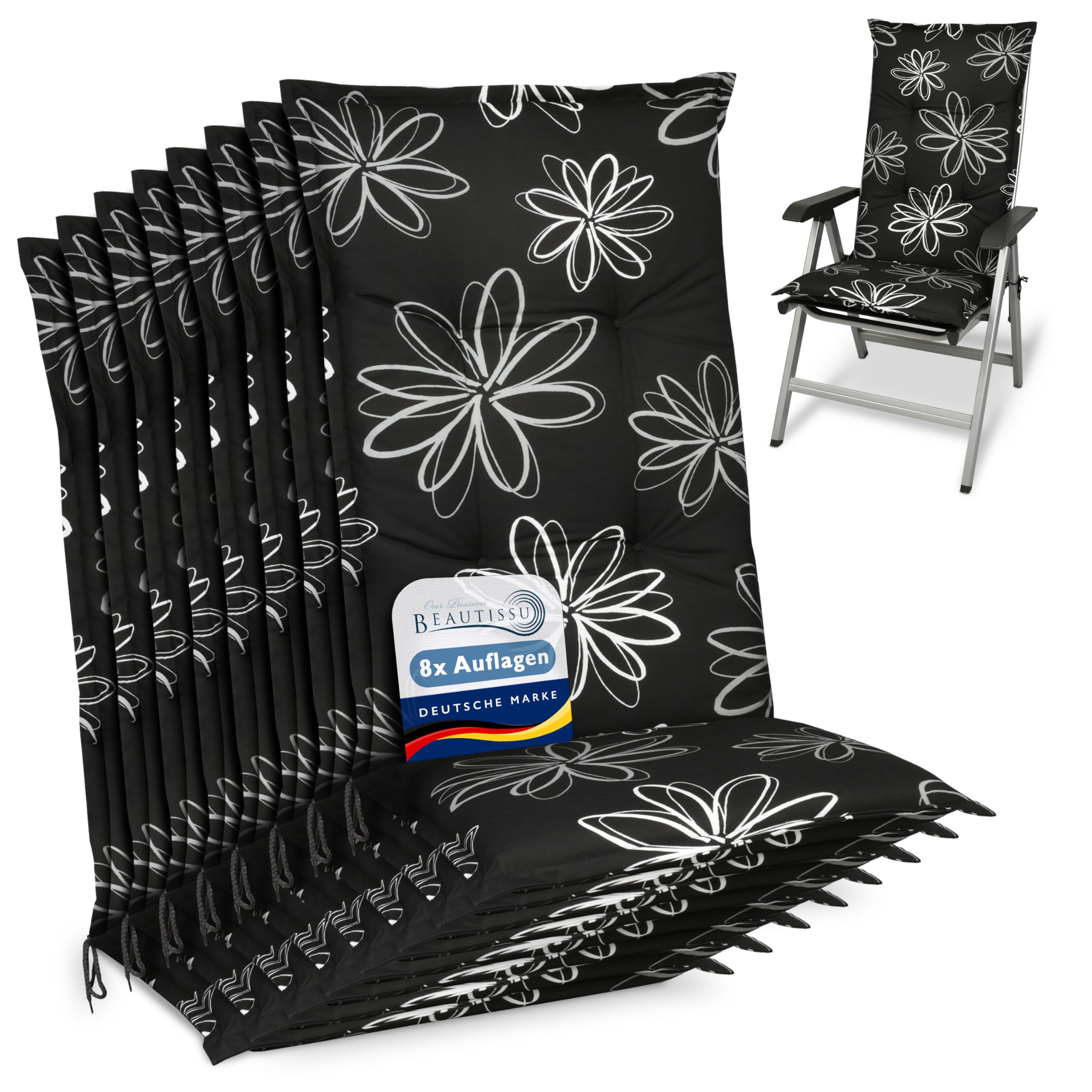 Beautissu 6er Set Hochlehner Auflage für Gartenstuhl 120x50 cm Flores