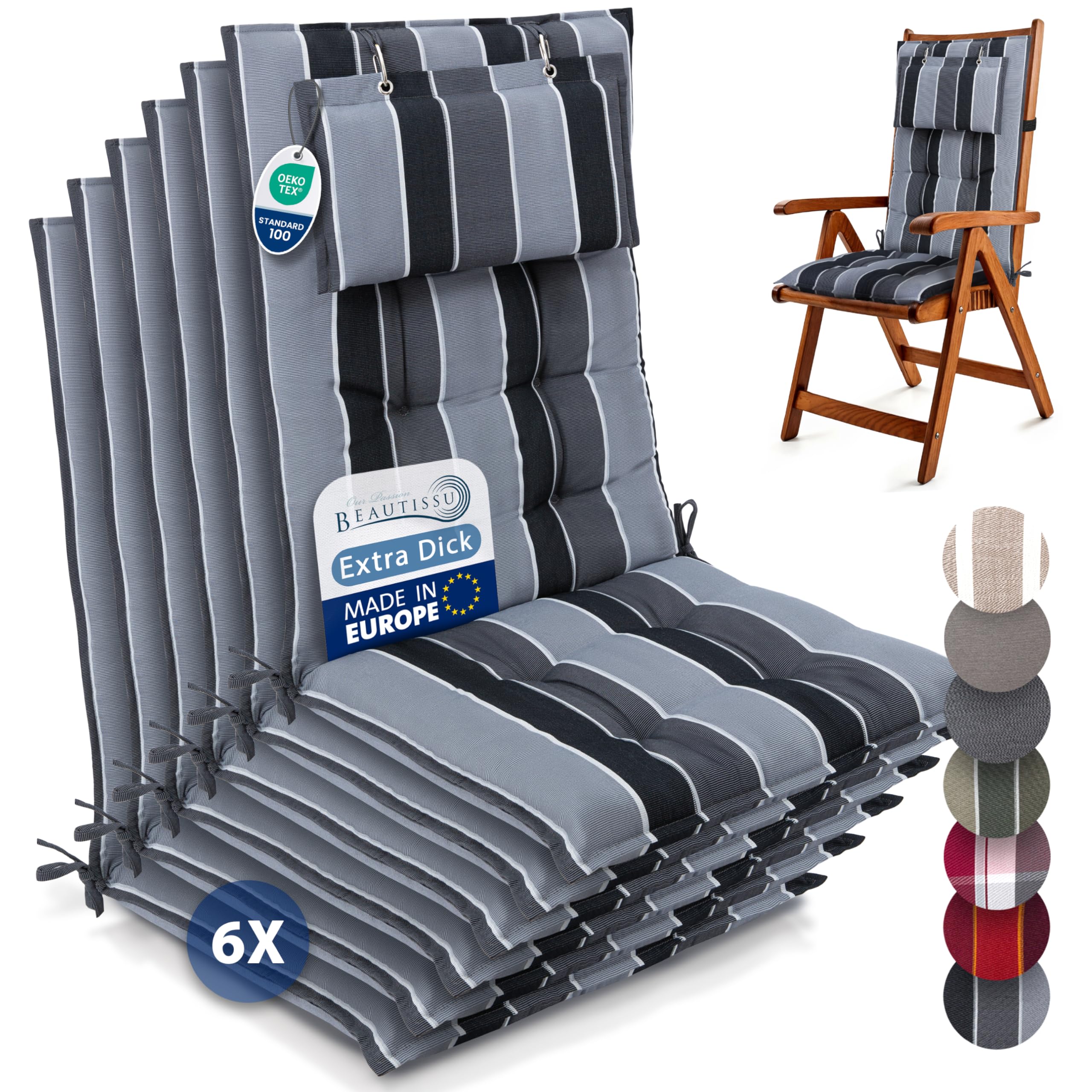 Beautissu 6er Set Premium Hochlehner Auflage Kopfpolster 120x50cm Sun-HL