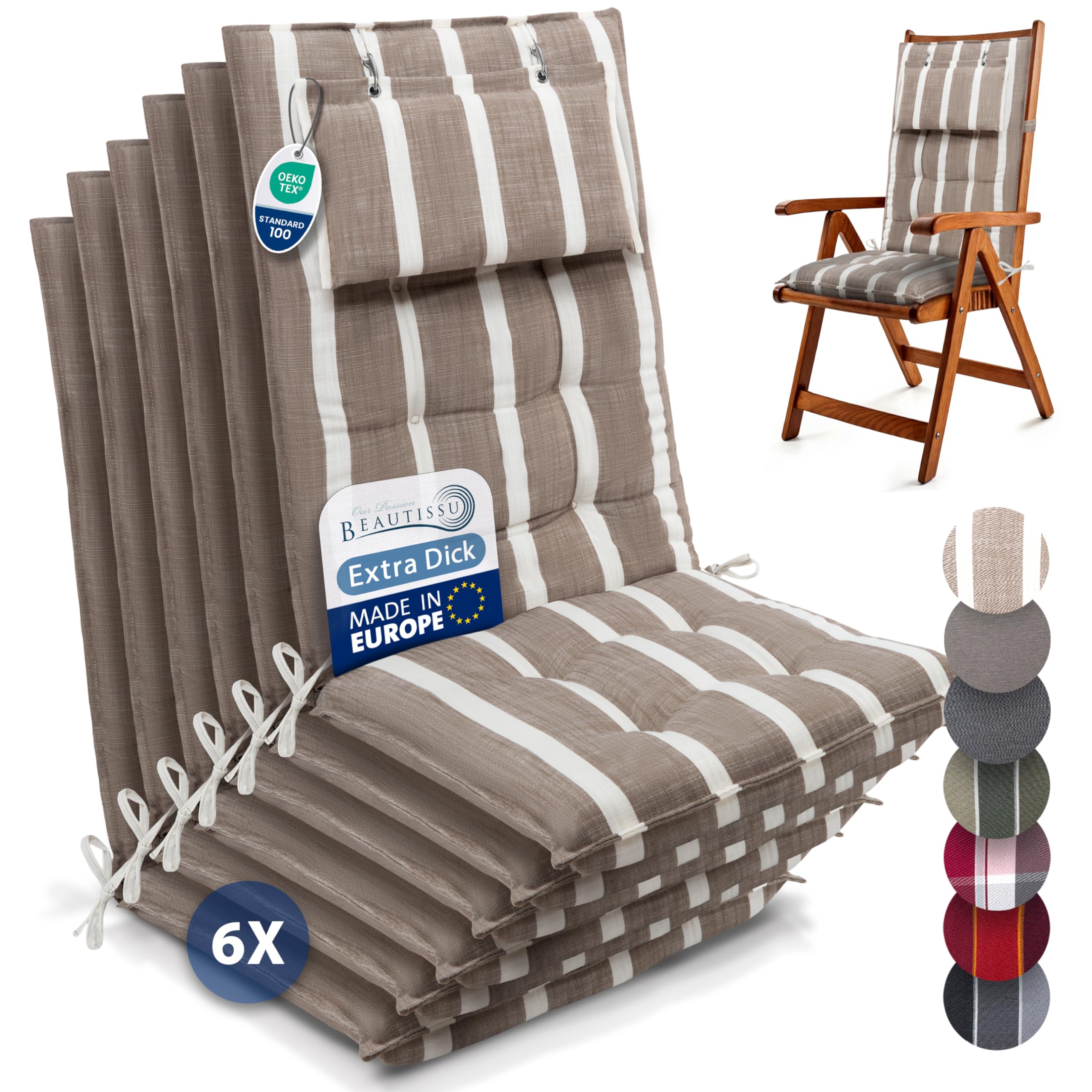 Beautissu 6er Set Premium Hochlehner Auflage Kopfpolster 120x50cm Sun-HL