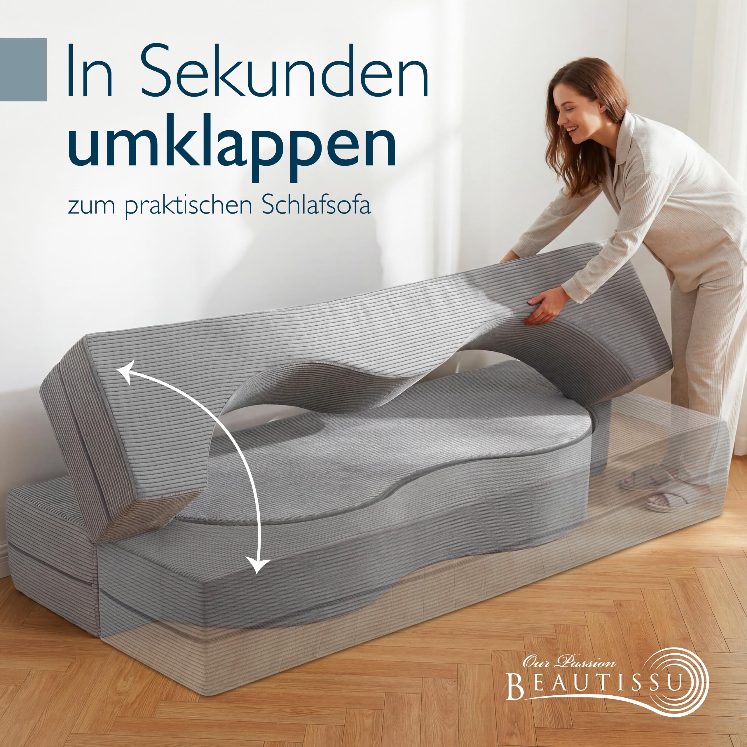 Beautissu Klappsofa 90x200cm – Faltbares Bettsofa in Cord-Optik – Leova