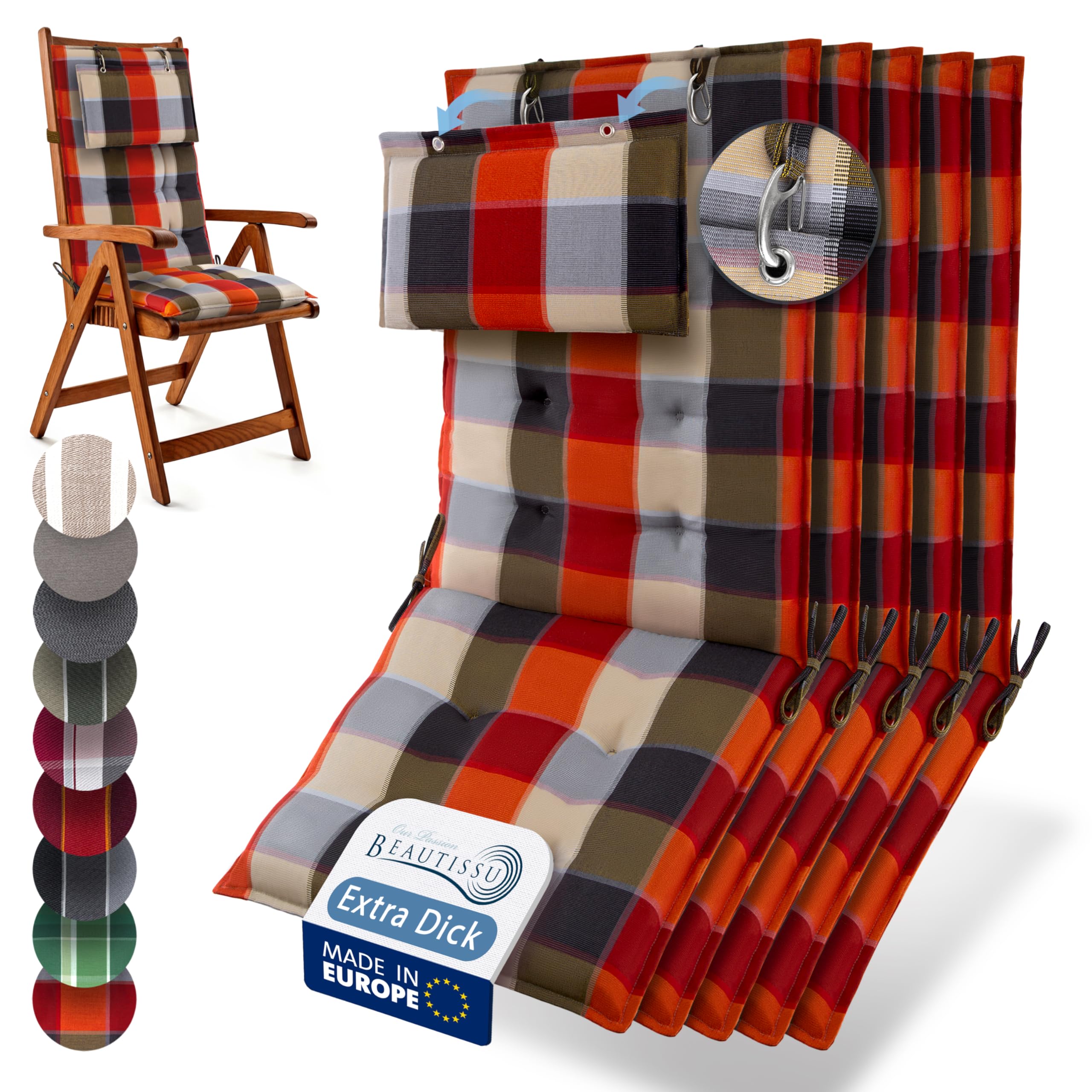 Beautissu 6er Set Premium Hochlehner Auflage Kopfpolster 120x50cm Sun-HL