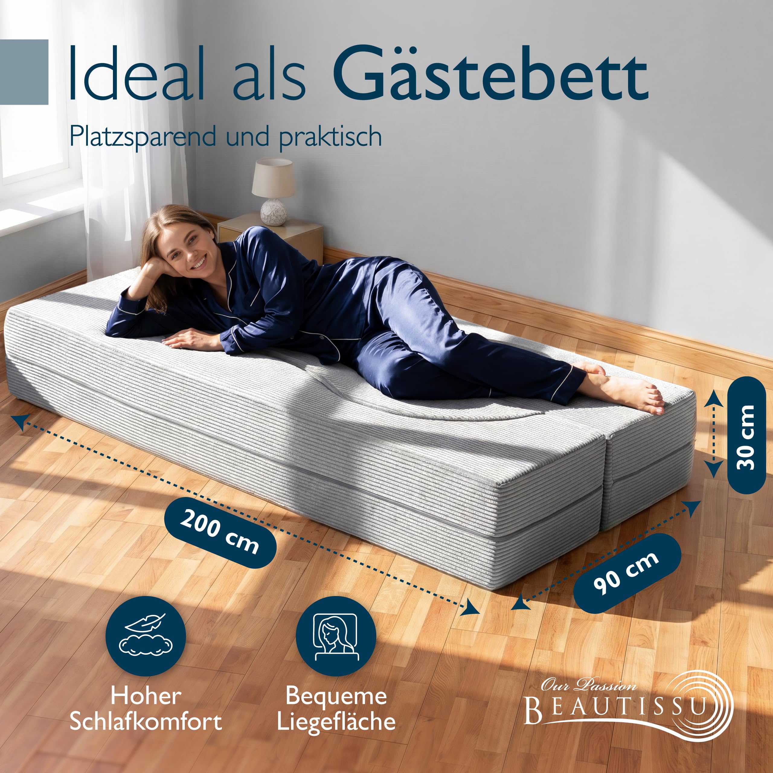 Beautissu Klappsofa 90x200cm – Faltbares Bettsofa in Cord-Optik – Leova