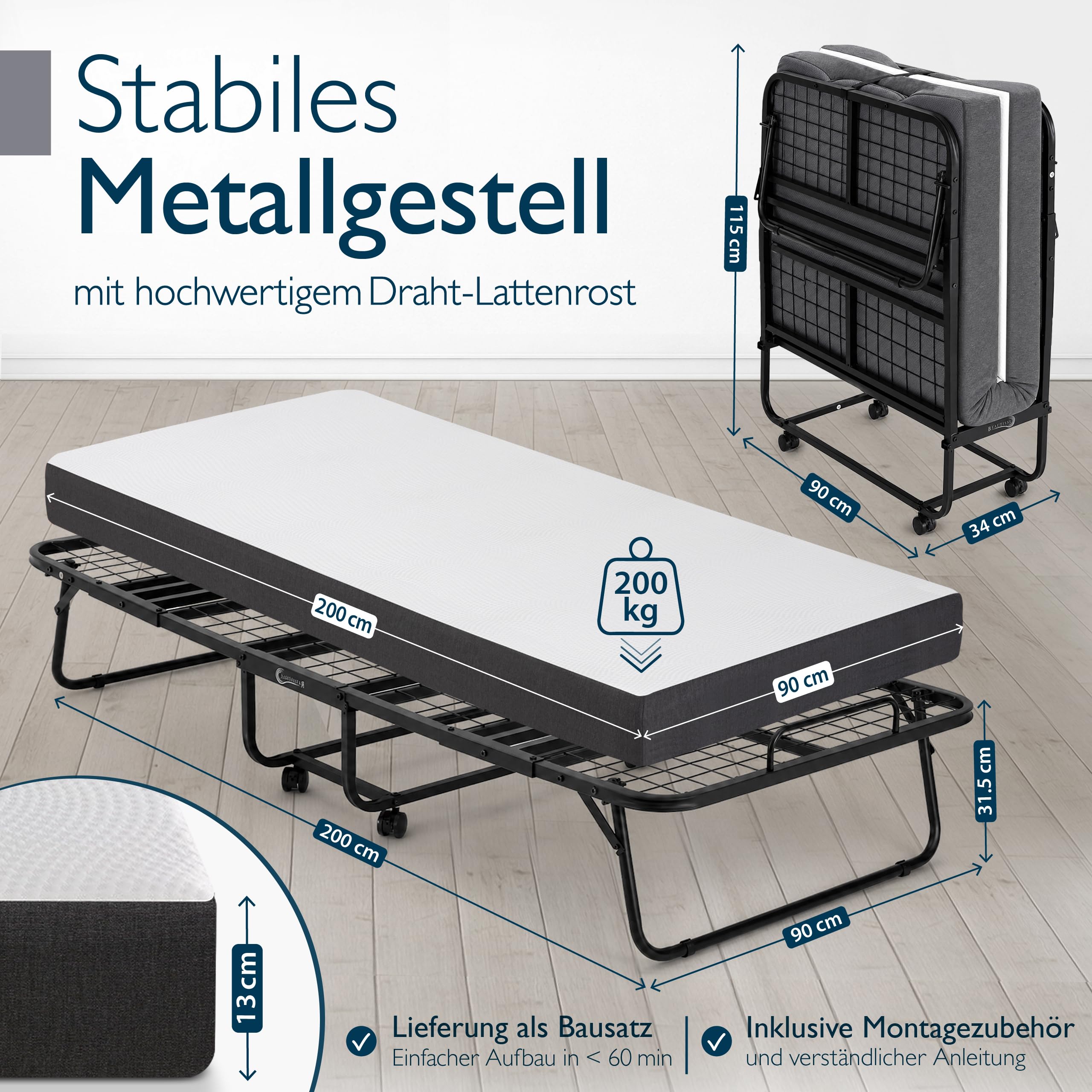 Beautissu Gästebett Klappbar 90x200cm - 13cm Dicke Matratze - Traumkraft