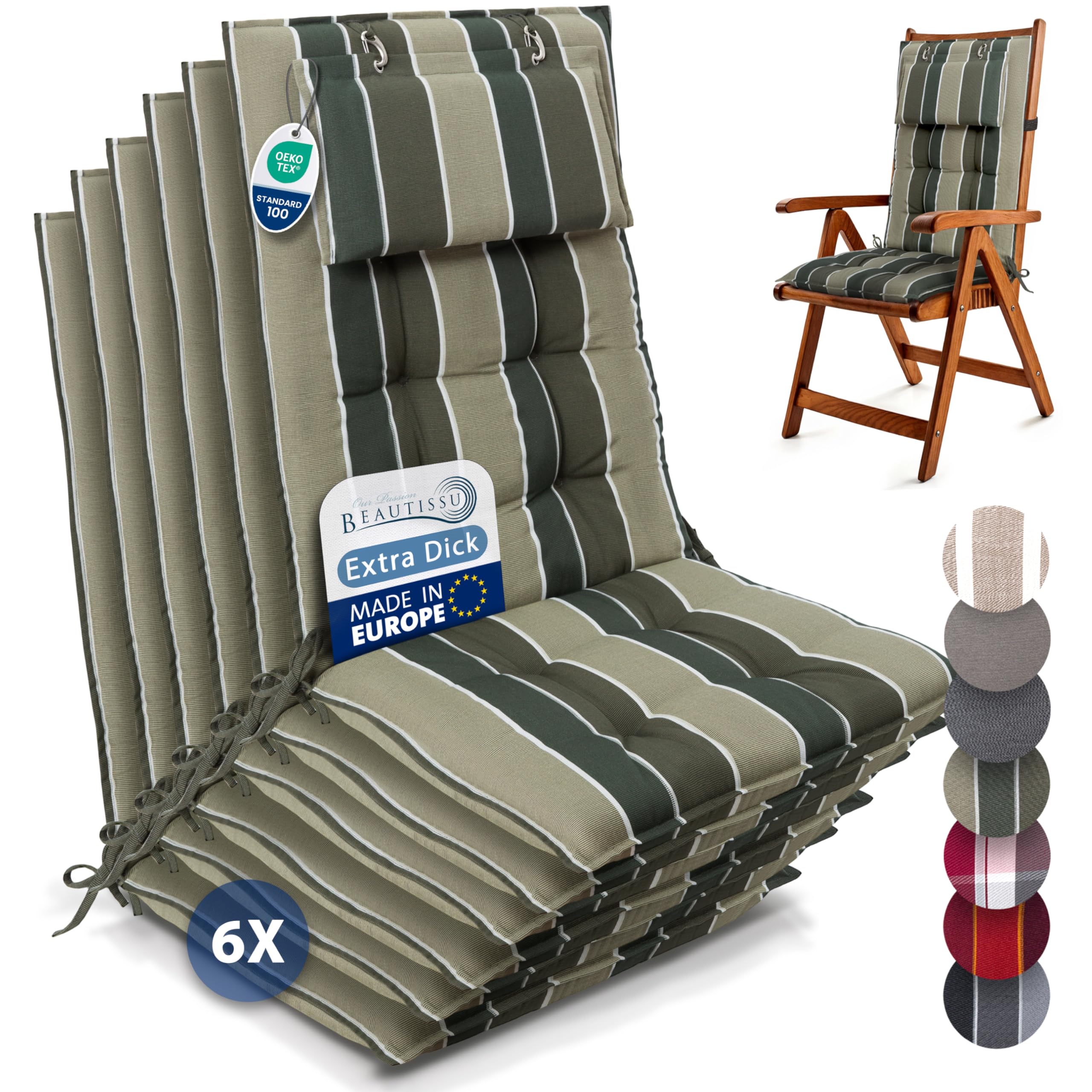 Beautissu 6er Set Premium Hochlehner Auflage Kopfpolster 120x50cm Sun-HL