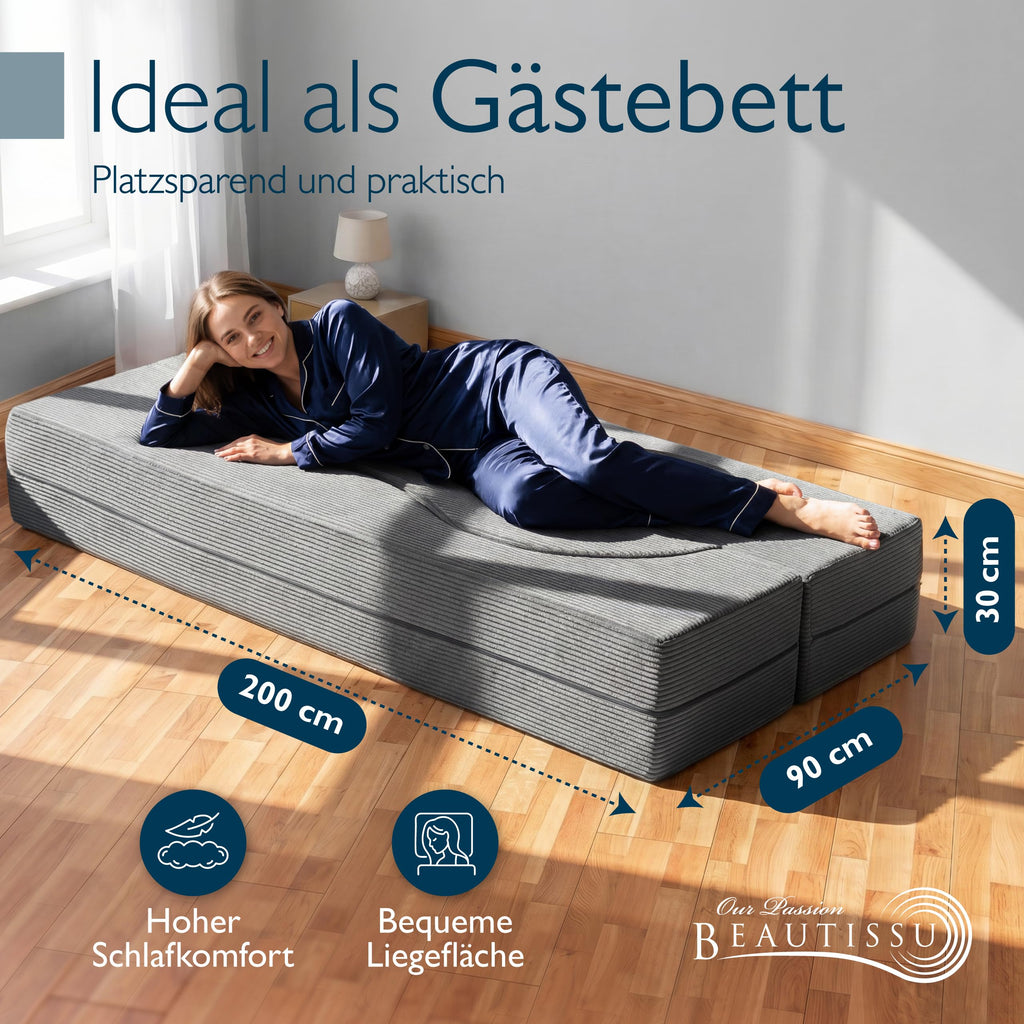 Beautissu Klappsofa 90x200cm – Faltbares Bettsofa in Cord-Optik – Leova
